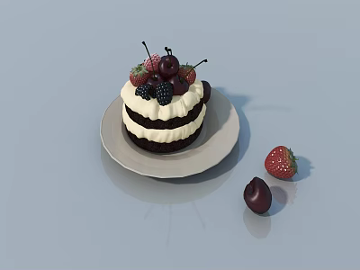 Delicious Cake with Cream Strawberries Blackberries and Cherries on White Plate with Strawberry and Cherry 3d model