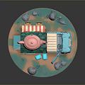 Colorful Food Truck Model with Pink Teapot on Top and Blue Design
