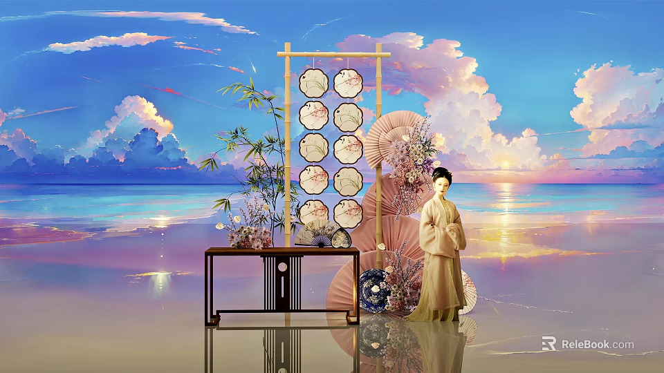 Traditional Themed Photo Spot with Round Decorative Frame Bamboo Fan and Sunset Sea View 3d model 