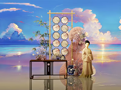 Traditional Themed Photo Spot with Round Decorative Frame Bamboo Fan and Sunset Sea View 3d model