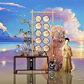 Traditional Themed Photo Spot with Round Decorative Frame Bamboo Fan and Sunset Sea View