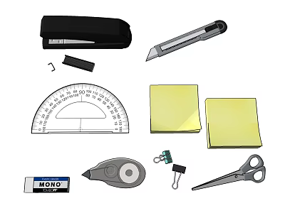 Essential Office Stationery Collection With Stapler Utility Knife Protractor Sticky Notes And Scissors 3d model
