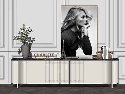Modern Light TV Stand with Black and White Portrait Green Plant and Eiffel Tower Model 3d model