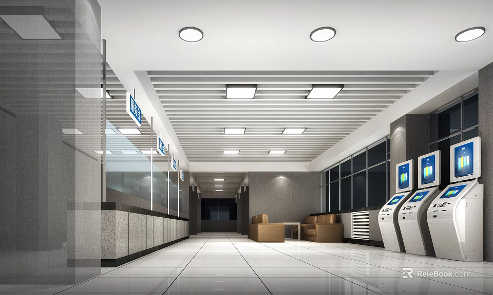 Modern Service Hall Interior With Service Counters Self Service Kiosks Seats And Bright Lighting 3d model 