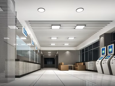 Modern Service Hall Interior With Service Counters Self Service Kiosks Seats And Bright Lighting 3d model