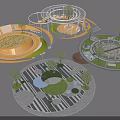 Park Landscape Featuring Circular Areas Walkways Greenery Trees And Seating Spaces 3d model