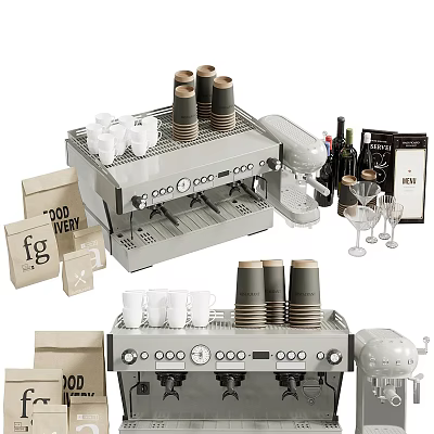 Modern Kitchen Appliances Setup With Coffee Machine Paper Cups Glassware And Wine Bottles 3d model