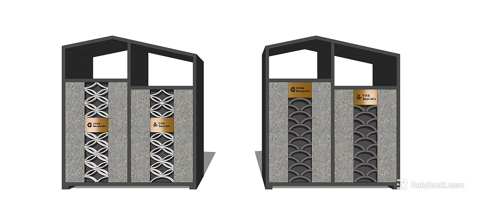 Modern Public Waste Containers With Black Frames Gray Panels And Gold Labels 3d model 