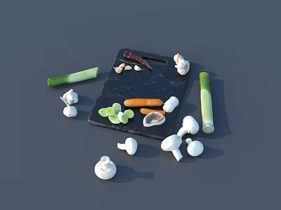Fresh Vegetables Arranged On Slate Board With Carrots Mushrooms Garlic Leeks And Herbs 3d model