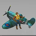 Male Character Standing Next To Turquoise Plane With Propeller And Wing Emblems