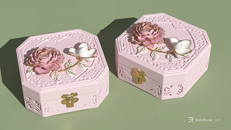 Pink Octagonal Decorative Jewelry Box Set With Floral Carvings And Gold Accents 3d model 