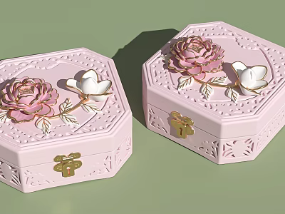 Pink Octagonal Decorative Jewelry Box Set With Floral Carvings And Gold Accents 3d model