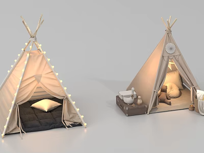 Cozy Kids Play Equipment Tepees With String Lights Soft Pillows And Mattress Interior 3d model