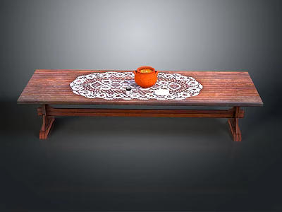Rustic Long Wooden Table With White Lace Tablecloth And Orange Cup 3d model