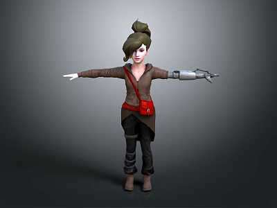 Child Character with Green Bun Hairstyle White Face Brown Coat Red Belt and Mechanical Arm 3d model