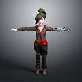 Child Character with Green Bun Hairstyle White Face Brown Coat Red Belt and Mechanical Arm