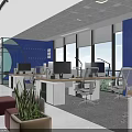Open Public Office Interior With Blue Walls Glass Partitions Green Plants Desks Computers And Sofa