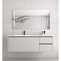 Modern Bathroom Vanity With White Cabinet Mirror Green Plant And Toiletries On Light Wall