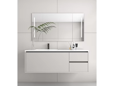 Modern Bathroom Vanity With White Cabinet Mirror Green Plant And Toiletries On Light Wall 3d model