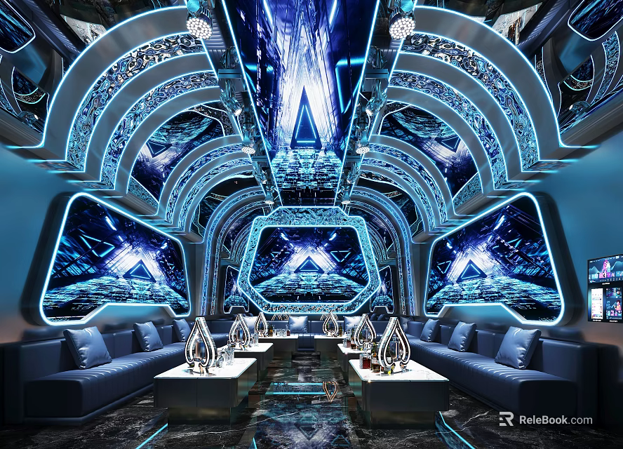 Hi Tech KTV Private Room With Neon Lighting And Sofas 3d model 