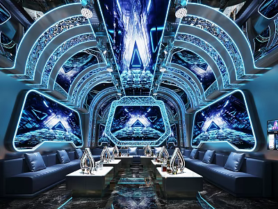 Hi Tech KTV Private Room With Neon Lighting And Sofas 3d model