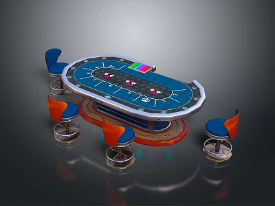 Blue Oval Poker Table With Blue And Orange Chairs Chips And Cards Furniture 3d model
