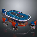 Blue Oval Poker Table With Blue And Orange Chairs Chips And Cards Furniture