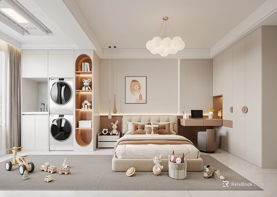 Modern Kids Room Interior With Bed Toys Open Storage Shelves Chandelier And Rug 3d model 