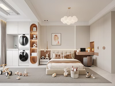 Modern Kids Room Interior With Bed Toys Open Storage Shelves Chandelier And Rug 3d model