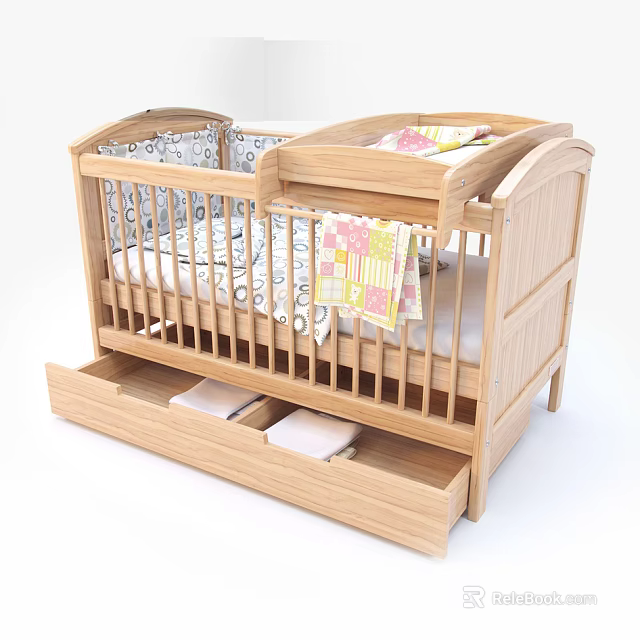 Natural Wood Baby Crib With Storage Drawers Patterned Bedding And Safety Rails 3d model 