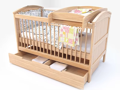 Natural Wood Baby Crib With Storage Drawers Patterned Bedding And Safety Rails 3d model