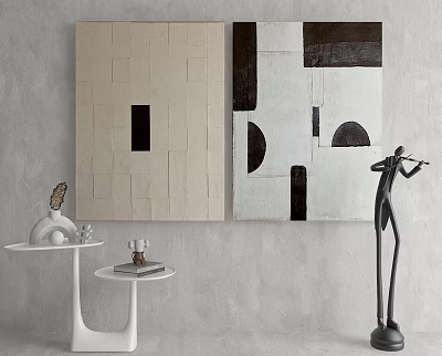 Abstract Paintings And Sculpture In Modern Interior Decor With Small Table 3d model
