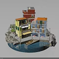 Colorful Multi Story Buildings By Water With Balconies Awnings And Small Boat