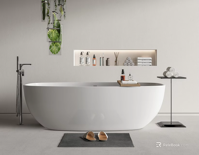 Freestanding White Bathtub With Wall Shelf Toiletries Towels And Hanging Plant 3d model 