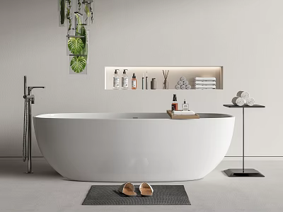 Freestanding White Bathtub With Wall Shelf Toiletries Towels And Hanging Plant 3d model