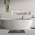 Freestanding White Bathtub With Wall Shelf Toiletries Towels And Hanging Plant