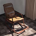 Brown Wooden Rocking Leisure Chair with Leather Seat and Checkered Carpet in Cozy Indoor Setting
