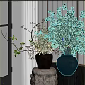 Woven Vase with Green Foliage and White Blooms on Stone Pedestal