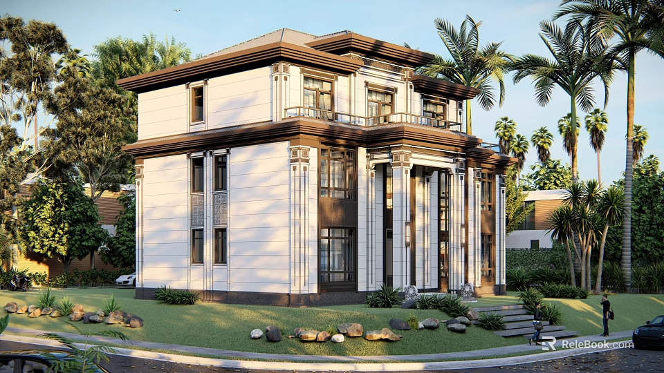 Two Story Detached Villa With White Exterior Brown Roof Columns And Palm Trees 3d model 