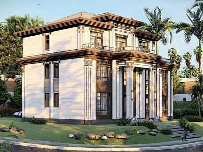 Two Story Detached Villa With White Exterior Brown Roof Columns And Palm Trees 3d model