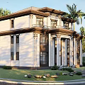 Two Story Detached Villa With White Exterior Brown Roof Columns And Palm Trees