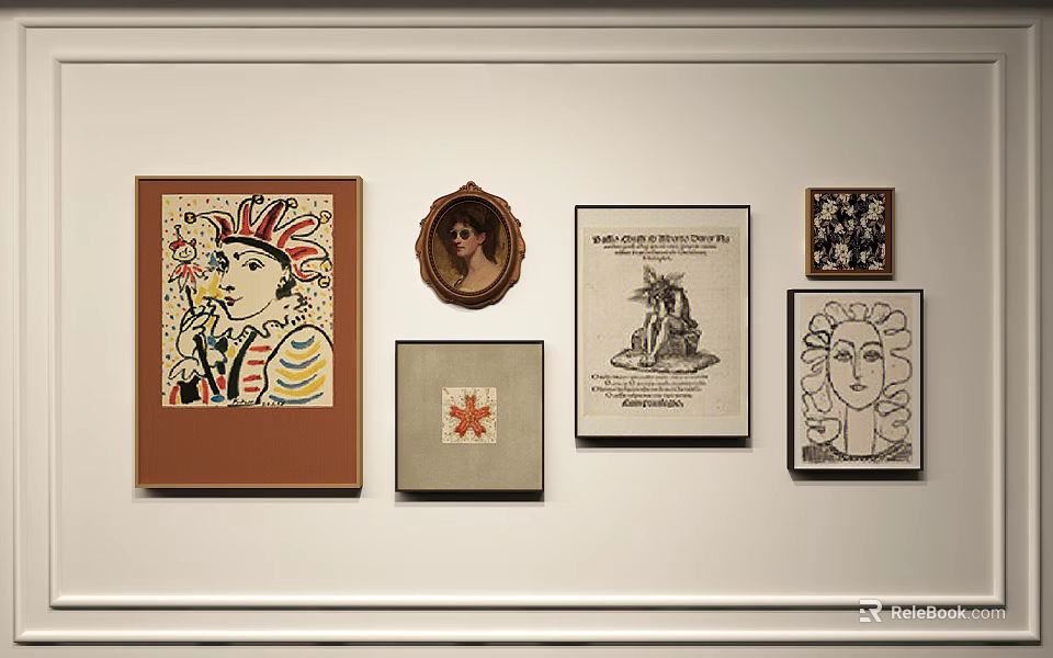 Gallery Wall Featuring Multiple Artworks Different Frame Styles and Colorful Monochrome Designs 3d model