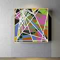 Colorful Geometric Abstract Painting With Triangles Polygons And Yellow Frame On Wall