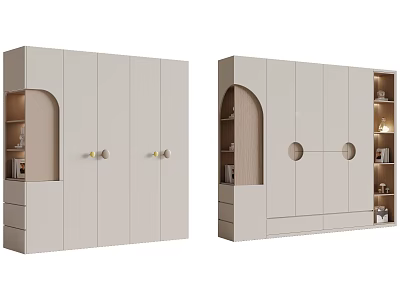 Modern Light Colored Wardrobe Design With Curved Open Compartments Round Cutouts And Drawers 3d model