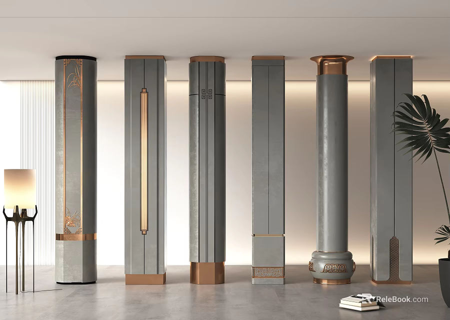 Modern Interior Columns With Grey And Gold Decorative Textures And Designs 3d model 