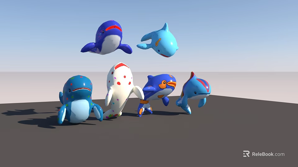 Cartoon Aquatic Animal Dolls Whales Dolphins Blue White Red Spots Floating On Gray Ground 3d model 