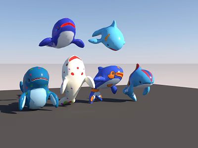 Cartoon Aquatic Animal Dolls Whales Dolphins Blue White Red Spots Floating On Gray Ground 3d model