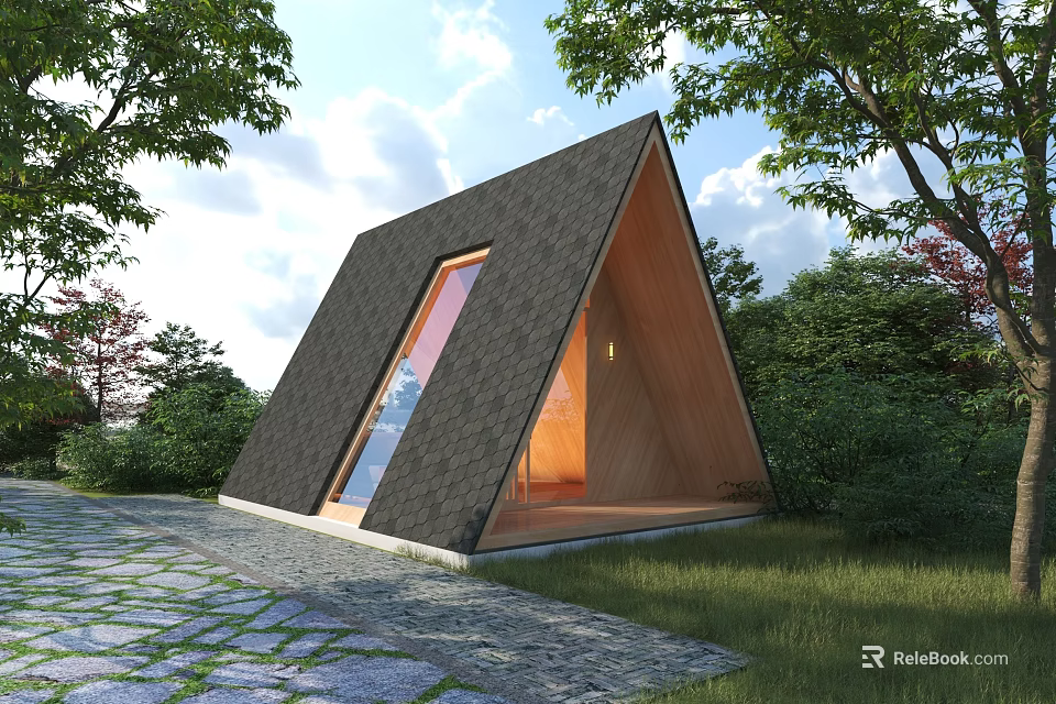 Wooden House Surrounded by Trees with Triangular Roof Large Window and Stone Path 3d model