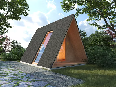 Wooden House Surrounded by Trees with Triangular Roof Large Window and Stone Path 3d model