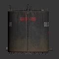 Industrial Oil Storage Tank With Circular Top Platform And Railings Labeled Exterior And Metal Construction